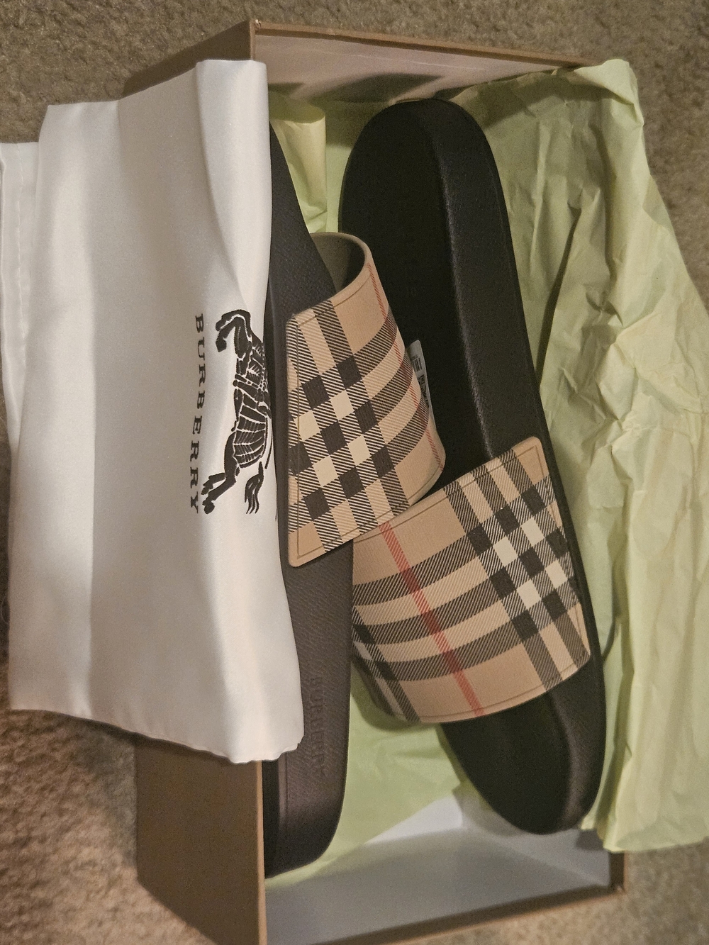 Burberry Black Footbed Slide Sandals with Beige Vintage Check Strap